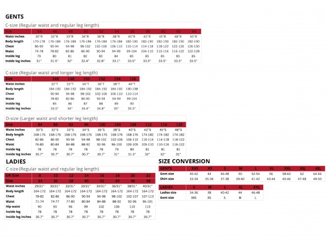 Case IH  clothing Size chart