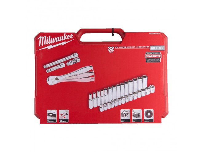 ⅜" Drive 32 pc Ratchets + Socket Set Metric. OEM. Part No. 4932464945. Milwaukee tools, Milwaukee hand tools. power tools. Milwaukee products. Milwaukee PPE. Milwaukee ratchets and socket sets. Startin Tractors. Click and collect. Milwaukee stockist.