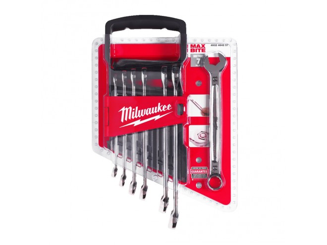 7pc Max Bite™ Combination Spanner Set. OEM. Part No 4932464257. Milwaukee tools, hand tools, power tools, PPE, professional tools. Milwaukee stockist. Startin Tractors. Click & collect. Max bite Spanners. Milwaukee Spanners.