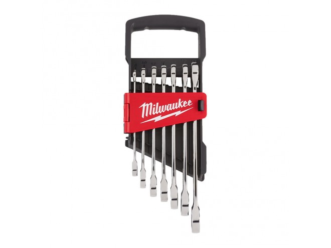 7 pc Ratcheting Combination Spanner Set. OEM. Part No. 4932464993. Milwaukee Tools, hand tools, power tools, PPE, professional tools. Click & collect. Milwaukee products. Milwaukee stockist. Startin Tractors. Milwaukee Ratcheting spanner set.