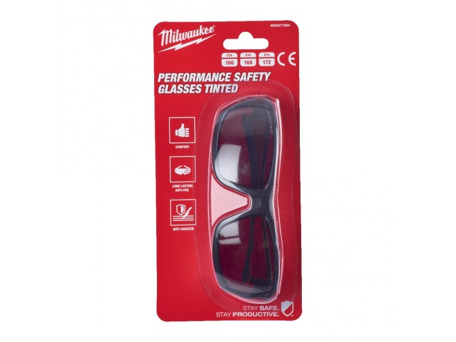 Performance Tinted Safety Glasses. OEM. Part No. 4932471884. Milwaukee PPE. Milwaukee safety glasses. Milwaukee products. Hand tools, power tools. Milwaukee range. Startin Tractors Milwaukee stockist. Click & Collect.