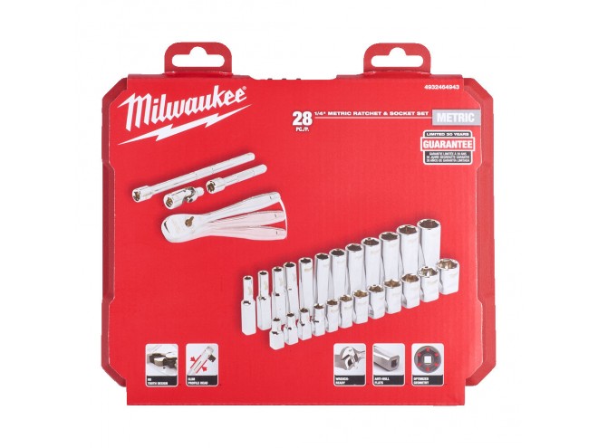 Metric ¼ Ratchet & Socket Set. OEM. Part No. 4932464943. Milwaukee Tools, power tools, PPE. Milwaukee hand tolls. Milwaukee products. Click & Collect. Startin Tractors stockist.