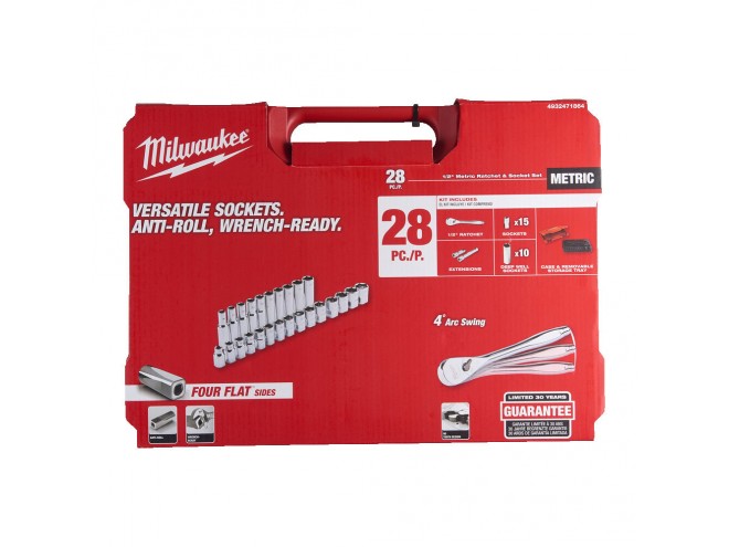 ½" Metric Ratchet + Socket Set. OEM. Part No. 4932471864. Milwaukee Tools. Milwaukee hand tools, power tools, PPE. Milwaukee ratchet and socket set. Milwaukee products. Milwaukee range. Startin Tractors local Milwaukee dealer / stockist. Click & Collect