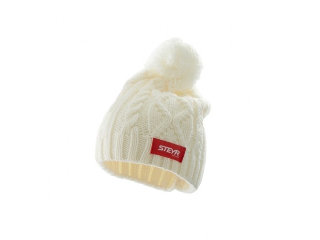 White knitted pompom hat OEM. Part No 3188339.Steyr knitted hat. Steyr clothing. winter hat. woolly hat. Styer merchandise. Farm wear. bobble hat. Case IH dealer. Online shopping. click & collect.