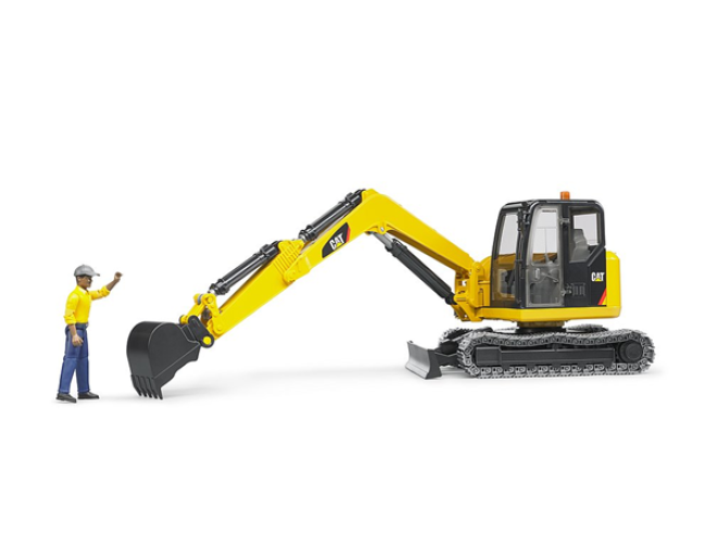 Bruder Cat® Mini excavator with worker. OEM. Part No 024666. 1:16 scale toy. 1:16 scale Bruder toy. Cat toy. Mini diger. online shop. Farming toys. Construction toys. Bruder Cat toy model. click & collect. next day delivery, christmas toy, construction toy, Bruder, Startin Tractors.