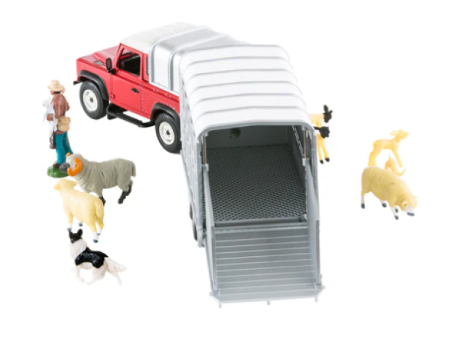 Britains Land Rover Defender 90 sheep trailer set with sheep & shepherd. Next Day Delivery. Low price Britains toys. OEM. Part No. 431381.  Farm toys. sheep farmer toys. jeep model. online toy shop. Britians toys. Britians 1:32 scale. 1:32 scale toys.  Farming models. childrens farming toys. Startin Tractors