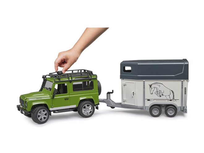 Land Rover Defender with horse trailer & horse. OEM. Part No. 025922. Bruder toys. Bruder Land Rover. Land Rover toys. Tractor toys. Children's tractor toys.1:16 scale toys. agri toys. Toy tractors & farm equipment. Farm toys. Online toy shop. click & collect. Startin Tractors.