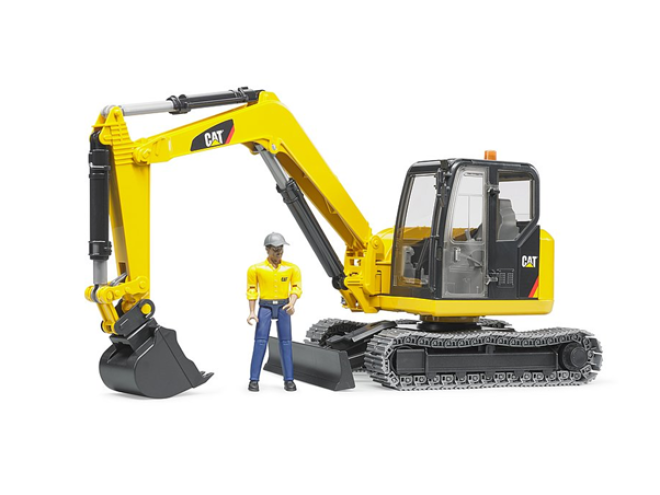 Bruder Cat® Mini excavator with worker. OEM. Part No 024666. 1:16 scale toy. 1:16 scale Bruder toy. Cat toy. Mini diger. online shop. Farming toys. Construction toys. Bruder Cat toy model. click & collect. next day delivery, christmas toy, construction toy, Bruder, Startin Tractors.