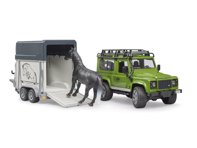 Land Rover Defender with horse trailer & horse. OEM. Part No. 025922. Bruder toys. Bruder Land Rover. Land Rover toys. Tractor toys. Children's tractor toys.1:16 scale toys. agri toys. Toy tractors & farm equipment. Farm toys. Online toy shop. click & collect. Startin Tractors.
