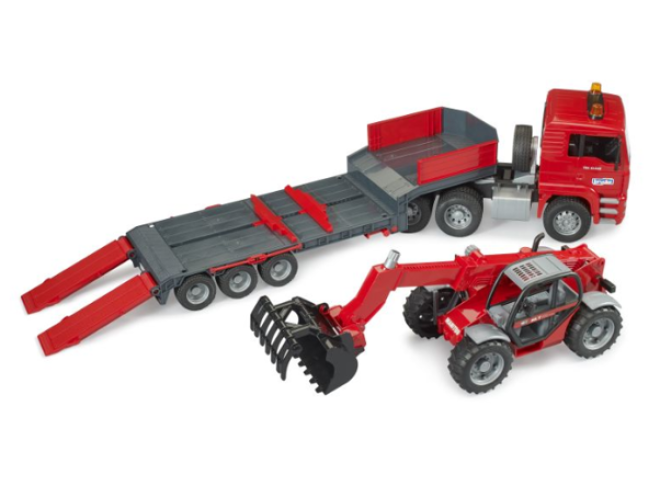 MAN TGA truck with low loader tailer & Manitou telehandler OEM 027742, Bruder toys, MAN TGA truck, Telehandler toy, Bruder stockist , Agri toys, farm toys, Bruder model, Startin Tractors